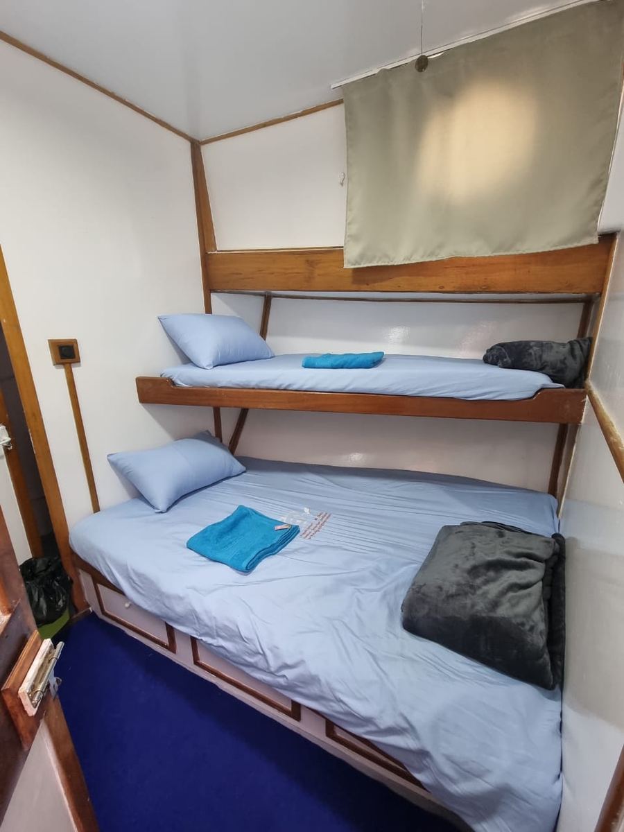 Twin cabin with bunk beds, towels laid out